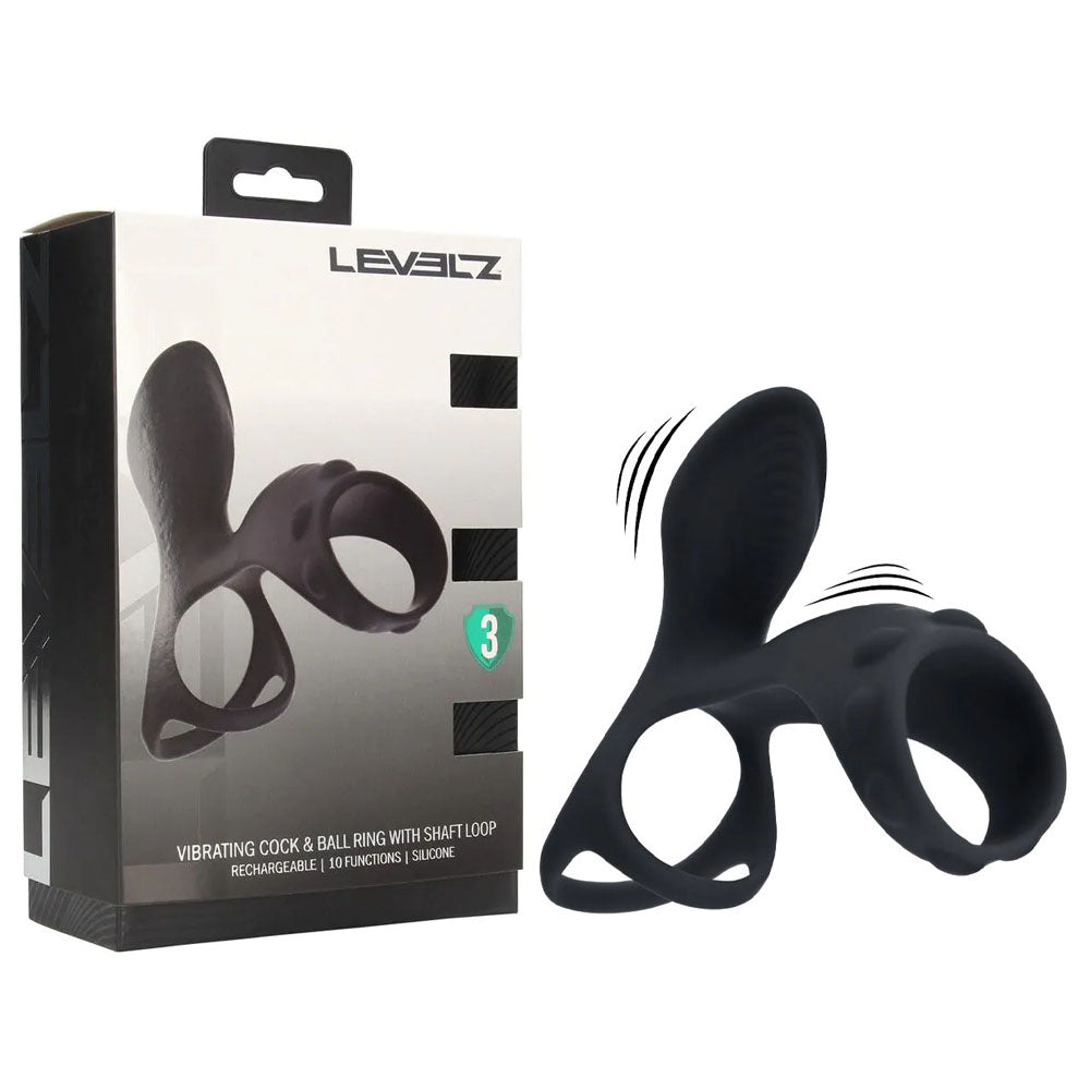 LEVELZ Vibrating Cock & Ball Ring with Shaft Loop - Black USB Rechargeable Vibrating Cock & Ball Rings - Hush Store Sydney 