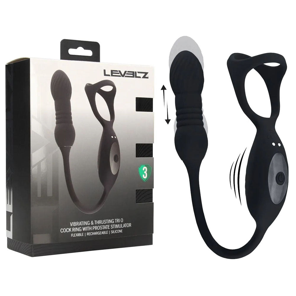 LEVELZ Vibrating & Thrusting TriO Cock Ring with Prostate Stimulator - Black USB Rechargeable Vibrating Cock Ring with Thrusting Prostate Plug