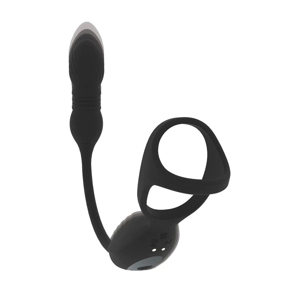 LEVELZ Vibrating & Thrusting TriO Cock Ring with Prostate Stimulator - Black USB Rechargeable Vibrating Cock Ring with Thrusting Prostate Plug