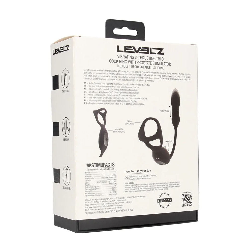 LEVELZ Vibrating & Thrusting TriO Cock Ring with Prostate Stimulator - Black USB Rechargeable Vibrating Cock Ring with Thrusting Prostate Plug