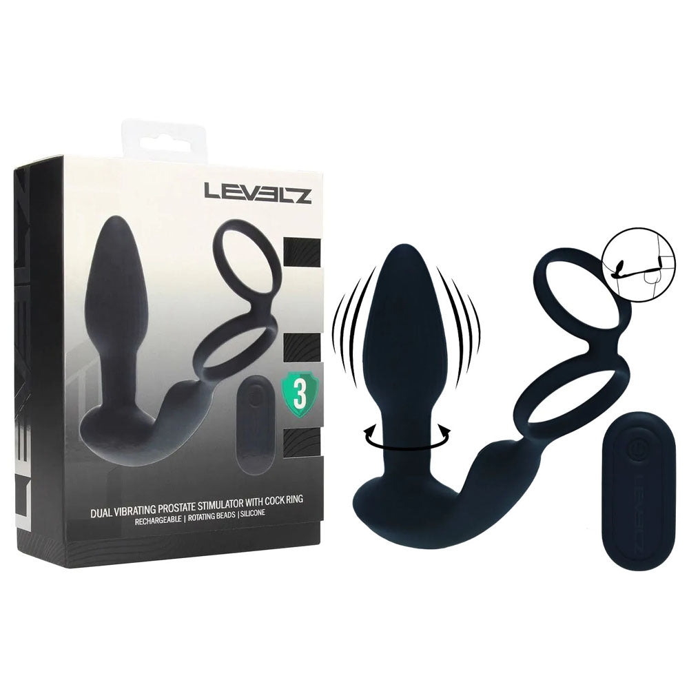 LEVELZ Dual Vibrating Prostate Stimulator with Cock Ring - Black USB Rechargeable Vibrating Butt Plug with Cock Ring - Hush Store Sydney 