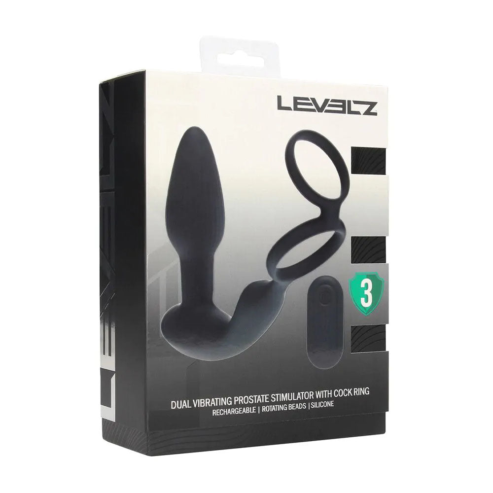 LEVELZ Dual Vibrating Prostate Stimulator with Cock Ring - Black USB Rechargeable Vibrating Butt Plug with Cock Ring - Hush Store Sydney 