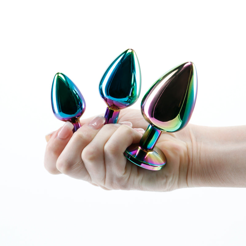 Rear Assets Trainer Kit - Multicolour - Rainbow Heart - Multi Coloured Metallic Butt Plugs with Rainbow Hearts - Set of 3 Sizes - Hush Store Sydney 