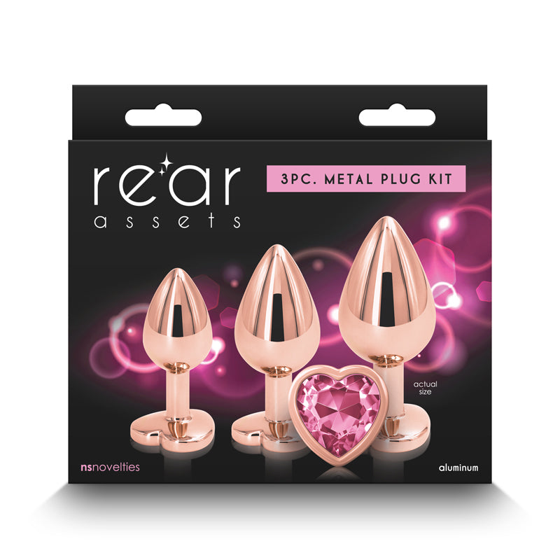 Rear Assets Trainer Kit - Rose Gold - Pink Heart - Rose Gold Metallic Butt Plugs with Pink Hearts - Set of 3 Sizes - Hush Store Sydney 