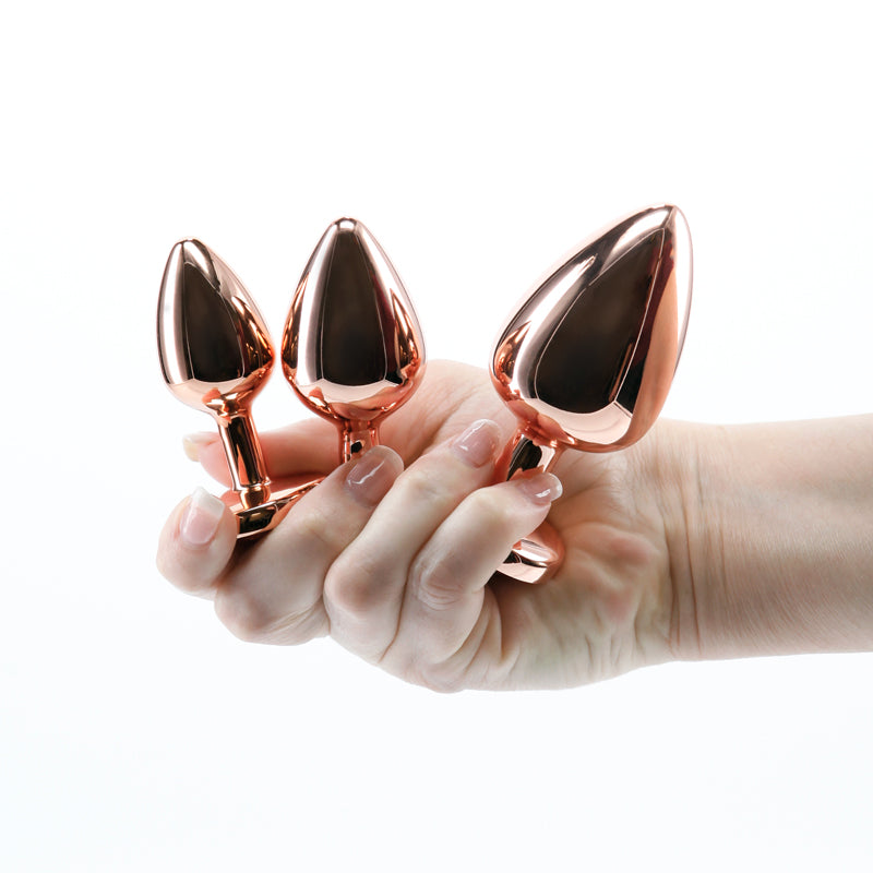 Rear Assets Trainer Kit - Rose Gold - Pink Heart - Rose Gold Metallic Butt Plugs with Pink Hearts - Set of 3 Sizes - Hush Store Sydney 