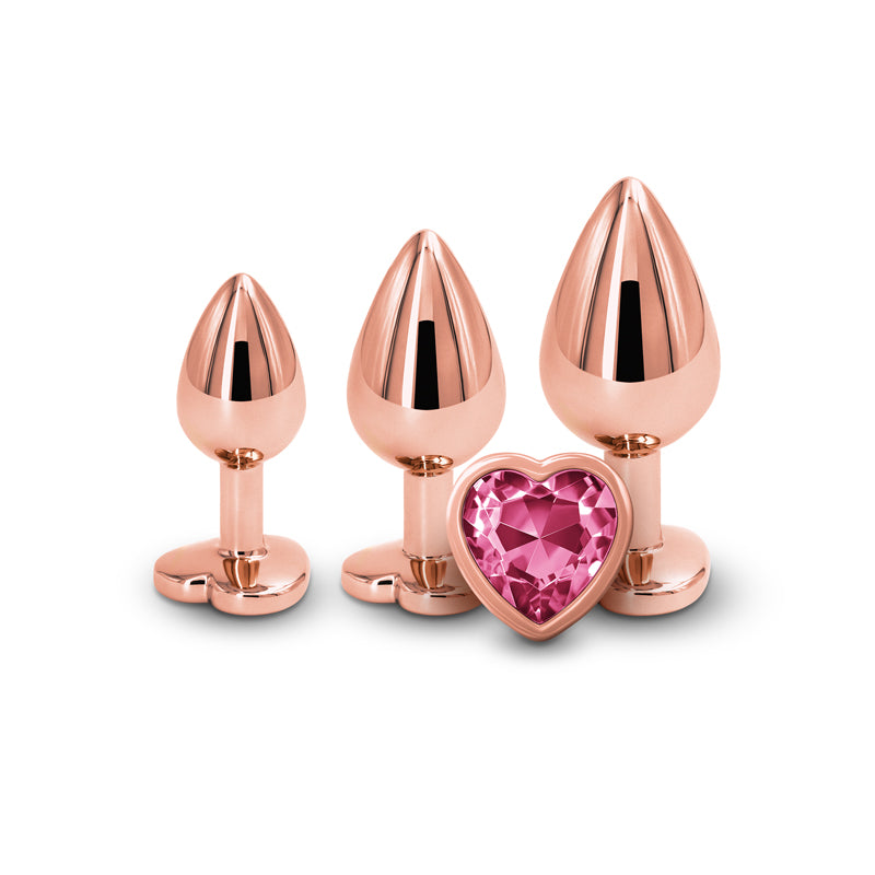 Rear Assets Trainer Kit - Rose Gold - Pink Heart - Rose Gold Metallic Butt Plugs with Pink Hearts - Set of 3 Sizes - Hush Store Sydney 