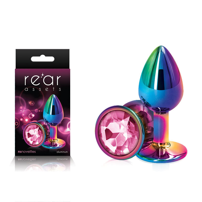Rear Assets Multi Coloured Small - Multi Coloured Small Metal Butt Plug with Pink Gem Base - Hush Store Sydney 