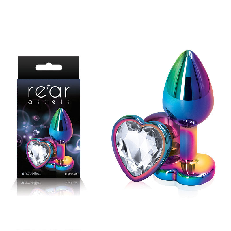 Rear Assets Multi Coloured Heart - Multi Coloured Small Metal Butt Plug with Clear Heart Gem Base - Hush Store Sydney 
