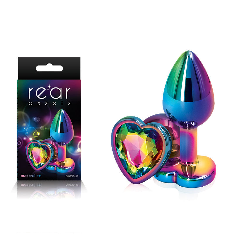 Rear Assets Multi Coloured Heart - Multi Coloured Small Metal Butt Plug with Rainbow Heart Gem Base - Hush Store Sydney 