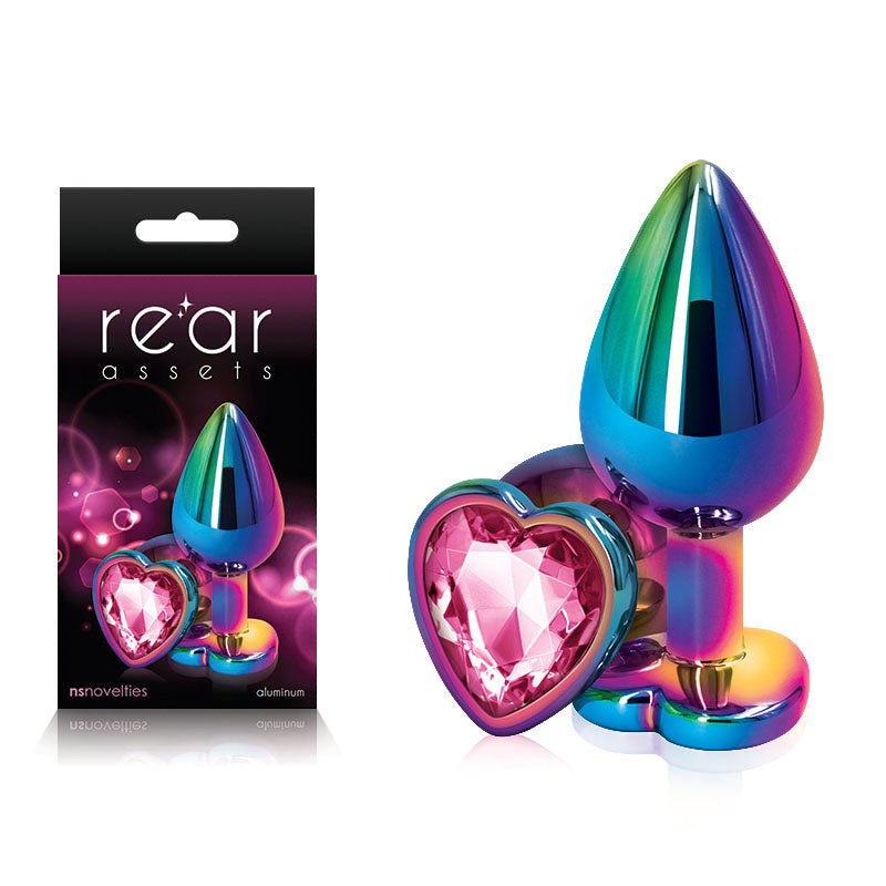 Rear Assets Multi Coloured Heart - Multi Coloured Medium Metal Butt Plug with Pink Heart Gem Base - Hush Store Sydney 