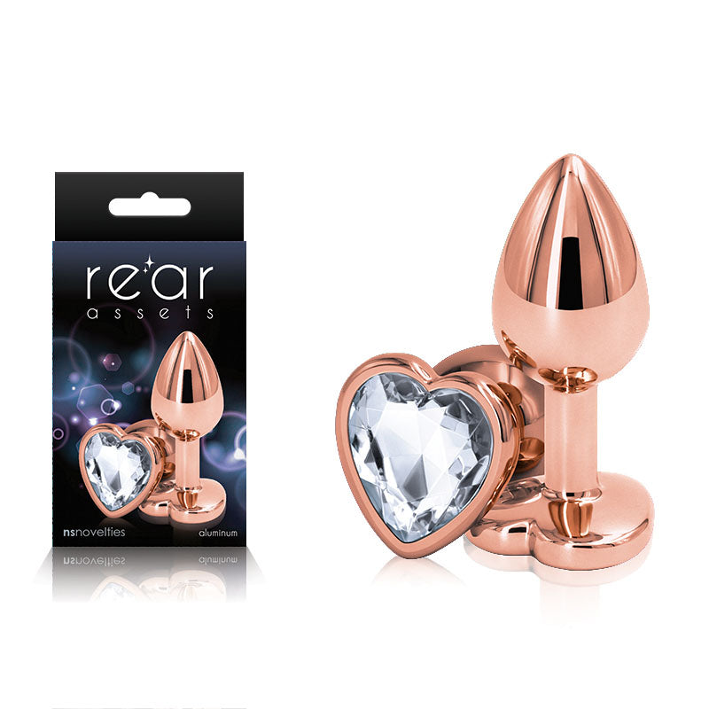 Rear Assets Rose Gold Heart Small - Rose Gold Small Metal Butt Plug with Clear Heart Gem Base - Hush Store Sydney 