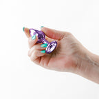 Rear Assets - Small - Purple - Purple 7.1 cm Small Metal Butt Plug with Purple Round Gem Base - Hush Store Sydney 