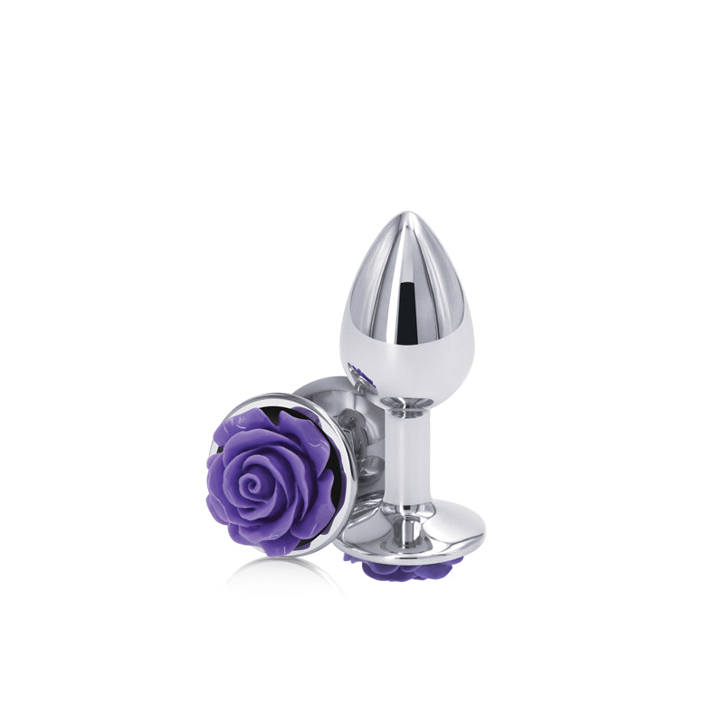 Rear Assets Rose - Small - Chrome 7.6 cm Metal Butt Plug with Purple Rose Base - Hush Store Sydney 