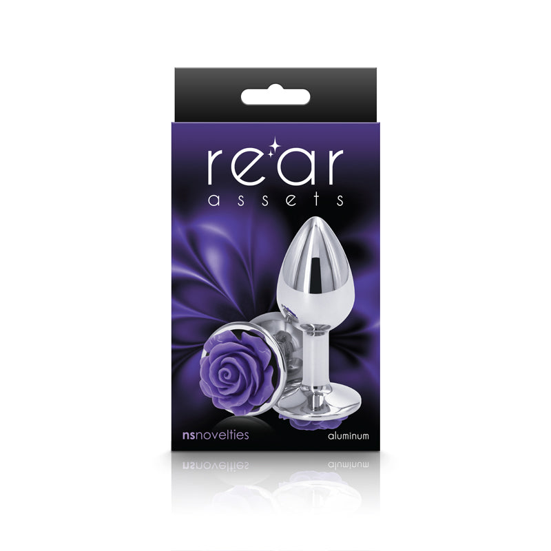 Rear Assets Rose - Small - Chrome 7.6 cm Metal Butt Plug with Purple Rose Base - Hush Store Sydney 