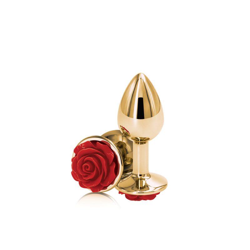 Rear Assets Rose - Small - Gold 7.6 cm Metal Butt Plug with Red Rose Base - Hush Store Sydney 