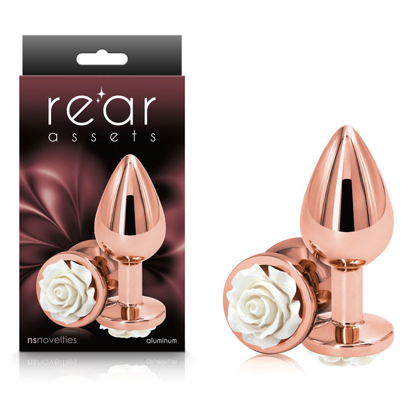 Rear Assets Rose - Medium - Rose Gold 8.9 cm Metal Butt Plug with White Rose Base - Hush Store Sydney 