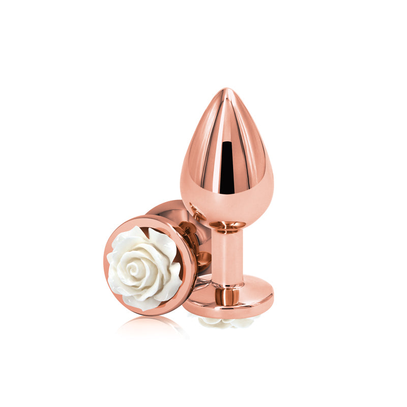Rear Assets Rose - Medium - Rose Gold 8.9 cm Metal Butt Plug with White Rose Base - Hush Store Sydney 