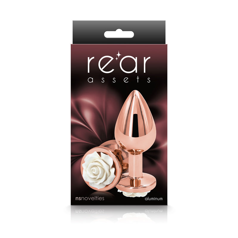 Rear Assets Rose - Medium - Rose Gold 8.9 cm Metal Butt Plug with White Rose Base - Hush Store Sydney 