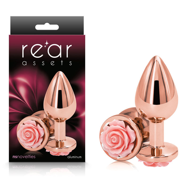 Rear Assets Rose - Medium - Rose Gold 8.9 cm Metal Butt Plug with Pink Rose Base - Hush Store Sydney 