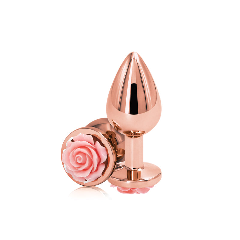Rear Assets Rose - Medium - Rose Gold 8.9 cm Metal Butt Plug with Pink Rose Base - Hush Store Sydney 