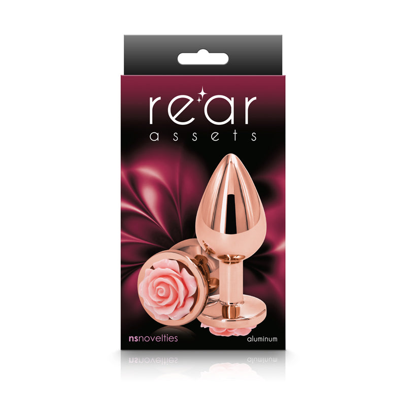 Rear Assets Rose - Medium - Rose Gold 8.9 cm Metal Butt Plug with Pink Rose Base - Hush Store Sydney 