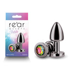 Rear Assets Petite - Gunmetal with Rainbow Gem - Gunmetal 6 cm Metal Butt Plug with Rainbow Round Gem Base - Hush Store Sydney 