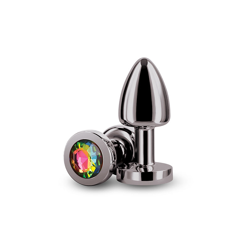 Rear Assets Petite - Gunmetal with Rainbow Gem - Gunmetal 6 cm Metal Butt Plug with Rainbow Round Gem Base - Hush Store Sydney 
