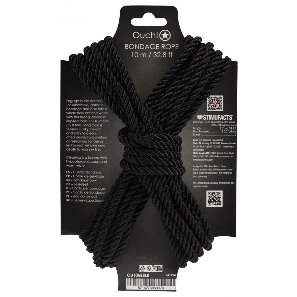 OUCH! Bondage Rope - 10 M - Black - Black Nylon Bondage Rope - 10 metre Length - Hush Store Sydney 