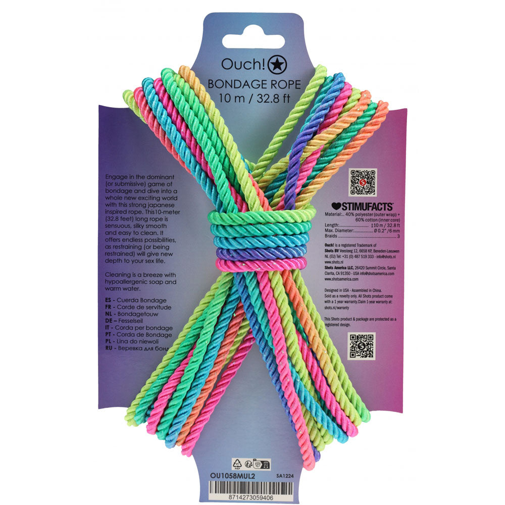 OUCH! Bondage Rope - 10 M - Multicolour 2 - Multicoloured Nylon Bondage Rope - 10 metre Length - Hush Store Sydney 