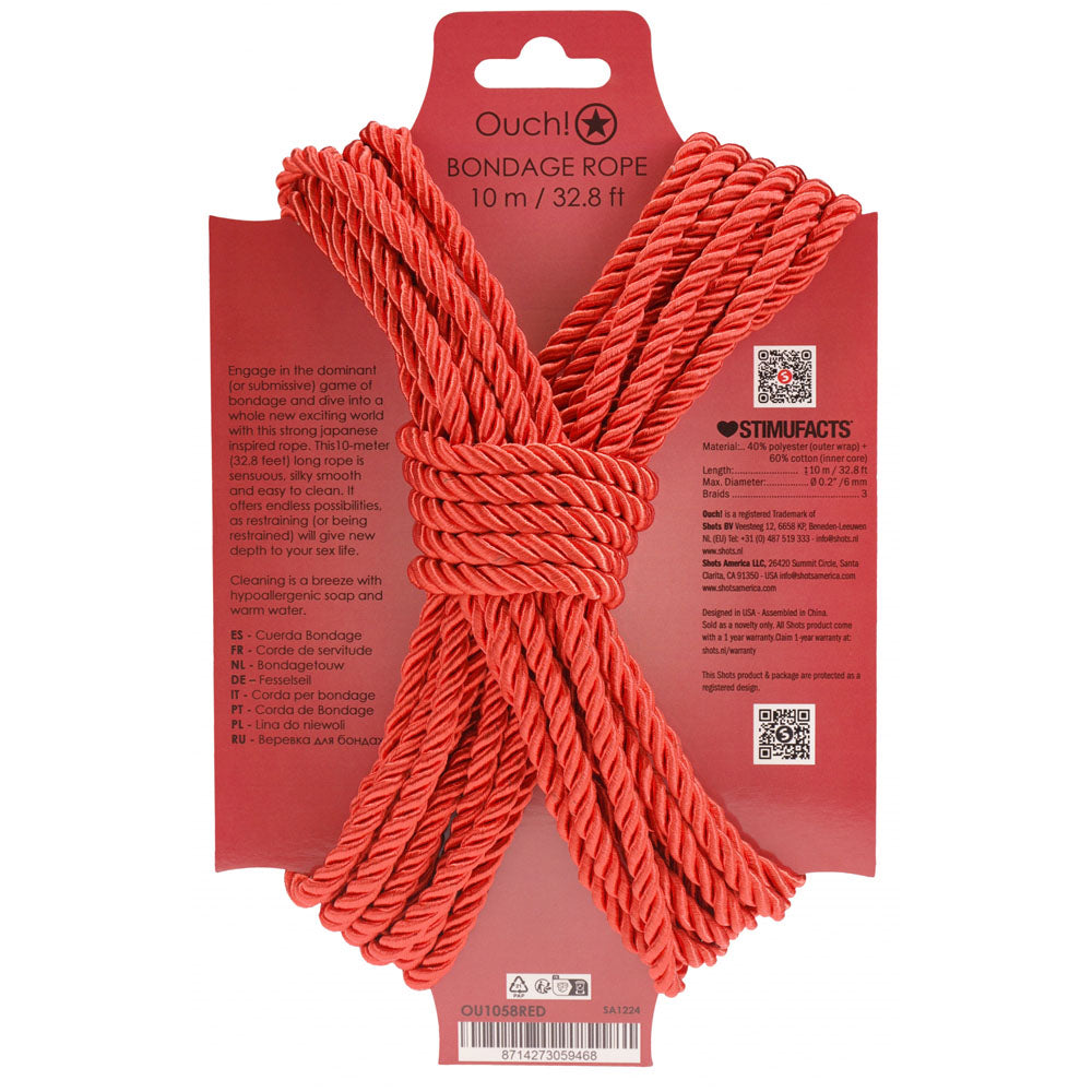 OUCH! Bondage Rope - 10 M - Red - Red Nylon Bondage Rope - 10 metre Length - Hush Store Sydney 