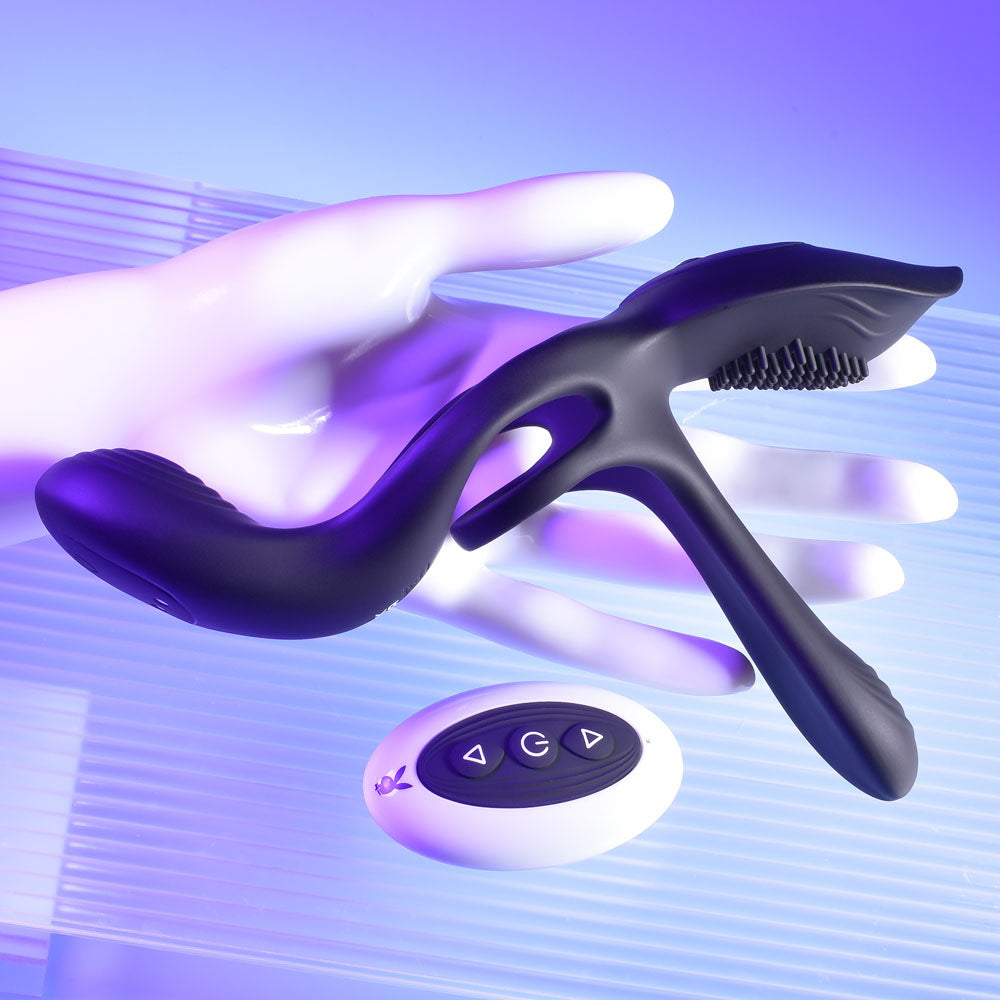 Playboy Pleasure The 3 Way - Black USB Rechargeable Vibrating Cock Ring with Wireless Remote