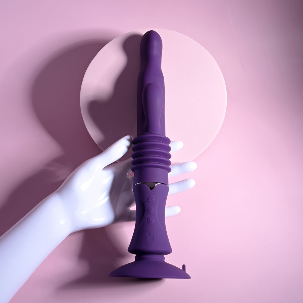 Playboy Pleasure HOPPY ENDING - Purple 29.2 cm USB Rechargeable Thrusting Rabbit Vibrator - Hush Store Sydney 