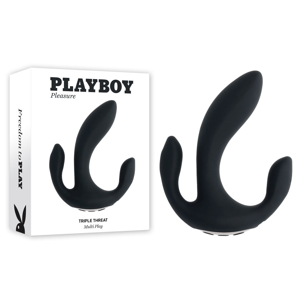 Playboy Pleasure TRIPLE THREAT - Black USB Rechargeable Triple Probe Vibrator - Hush Store Sydney 