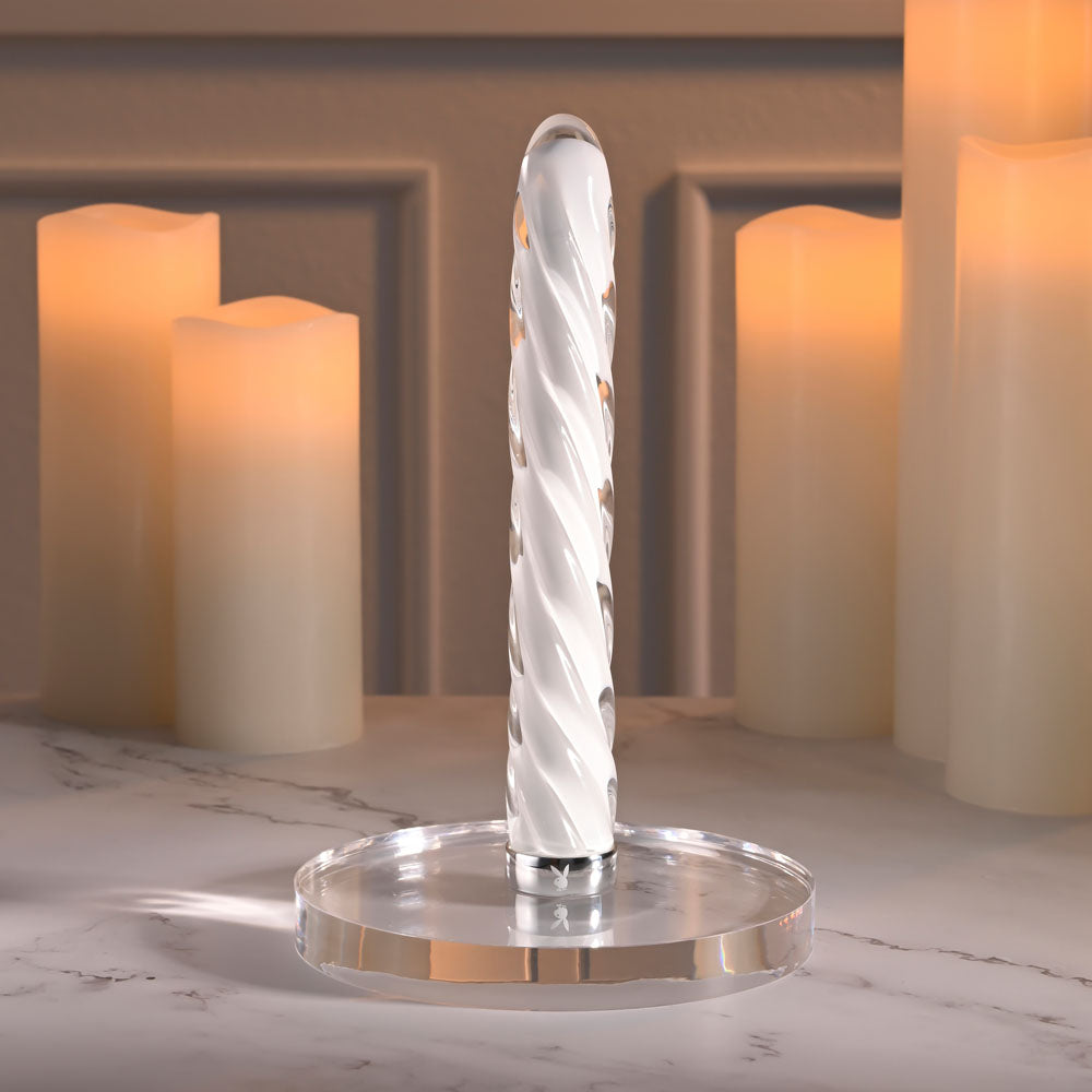 Playboy Pleasure IN A TWIST - White Glass 17.5 cm USB Rechargeable Vibrator - Hush Store Sydney 