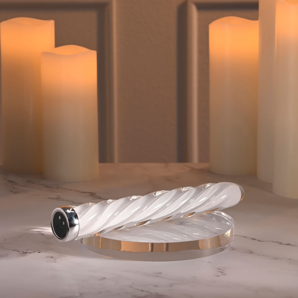 Playboy Pleasure IN A TWIST - White Glass 17.5 cm USB Rechargeable Vibrator - Hush Store Sydney 