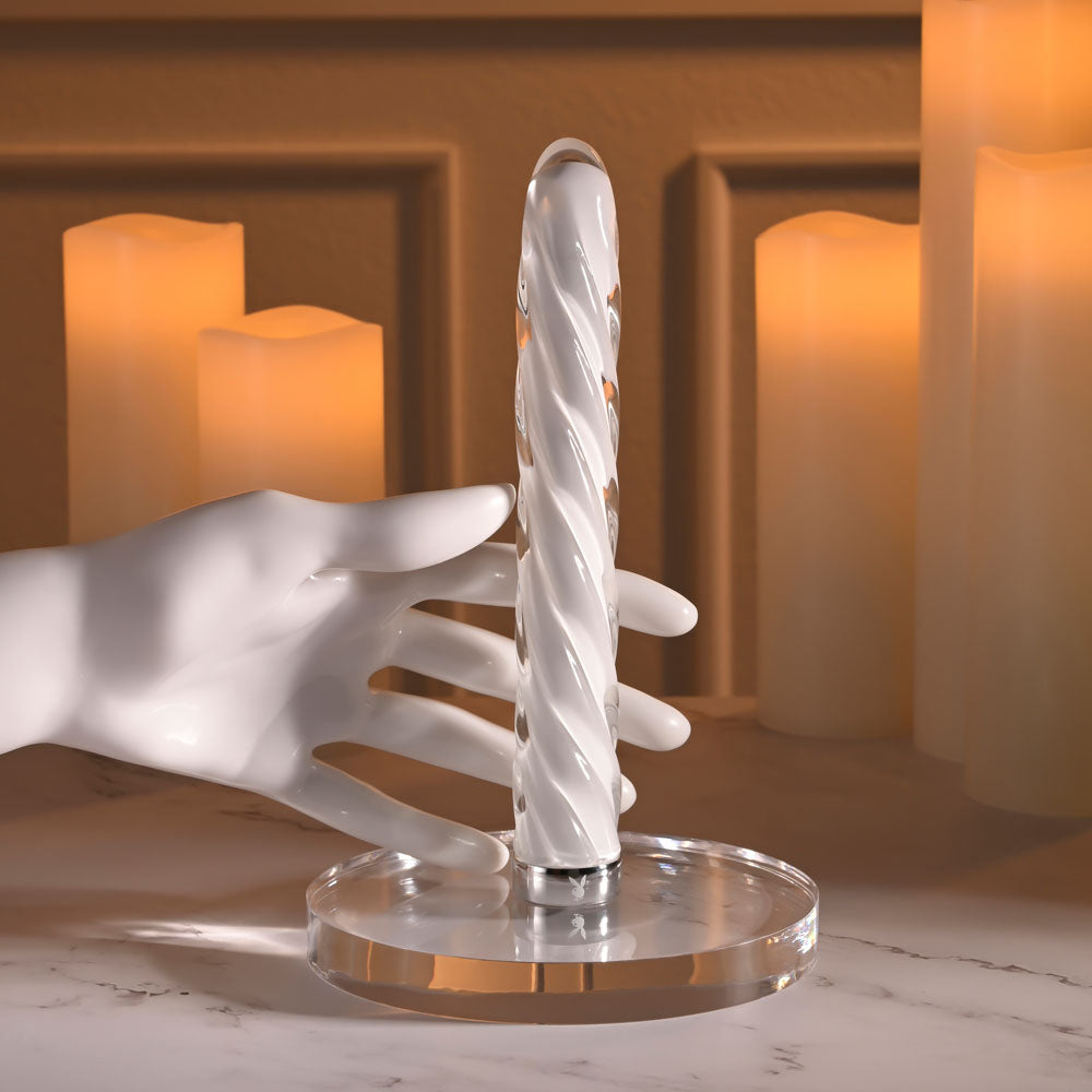 Playboy Pleasure IN A TWIST - White Glass 17.5 cm USB Rechargeable Vibrator - Hush Store Sydney 