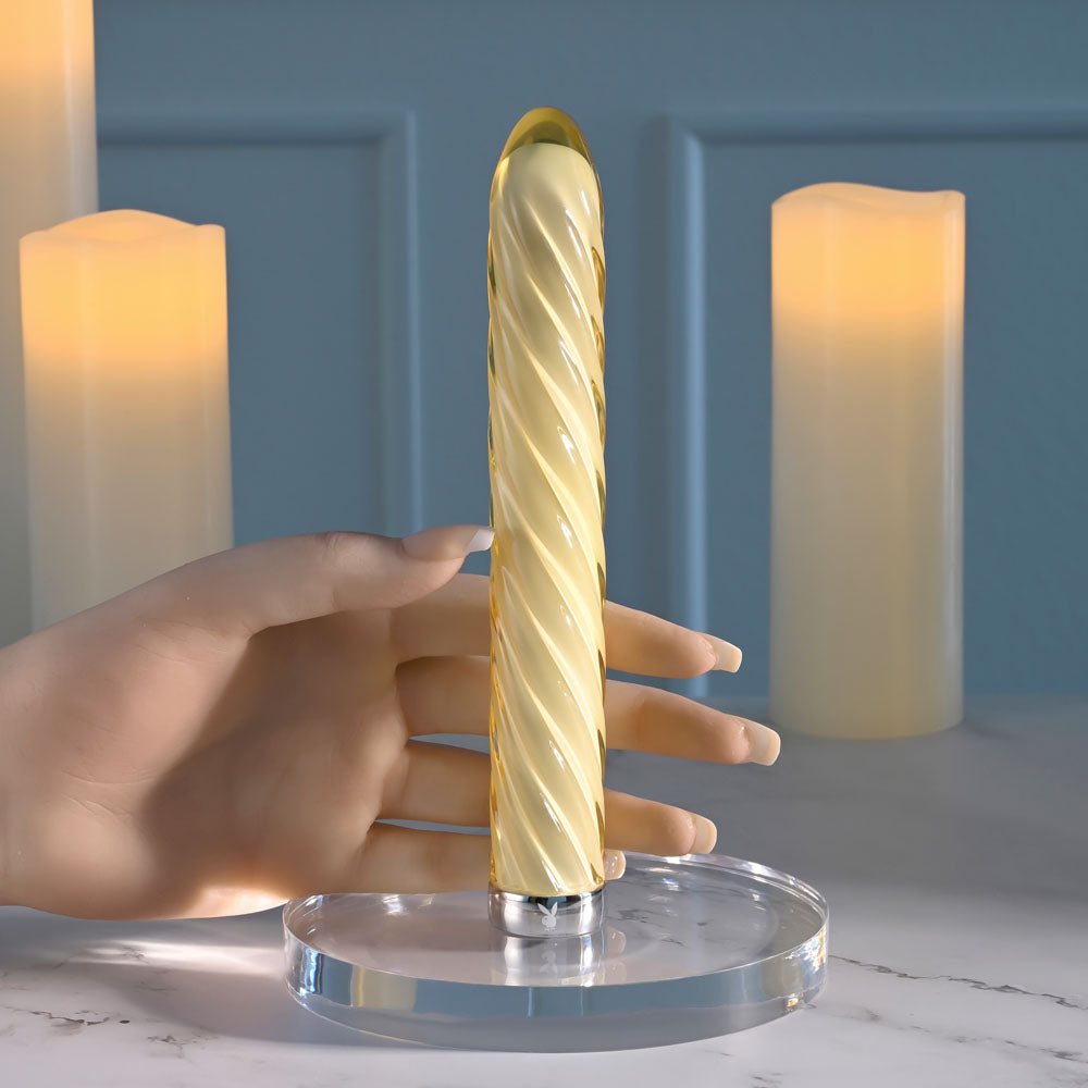 Playboy Pleasure TWIST OF FATE - Yellow Glass 17.5 cm USB Rechargeable Vibrator - Hush Store Sydney 