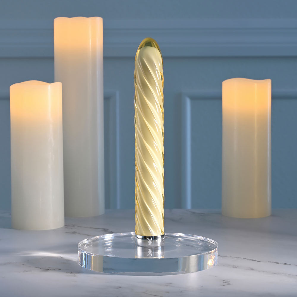 Playboy Pleasure TWIST OF FATE - Yellow Glass 17.5 cm USB Rechargeable Vibrator - Hush Store Sydney 
