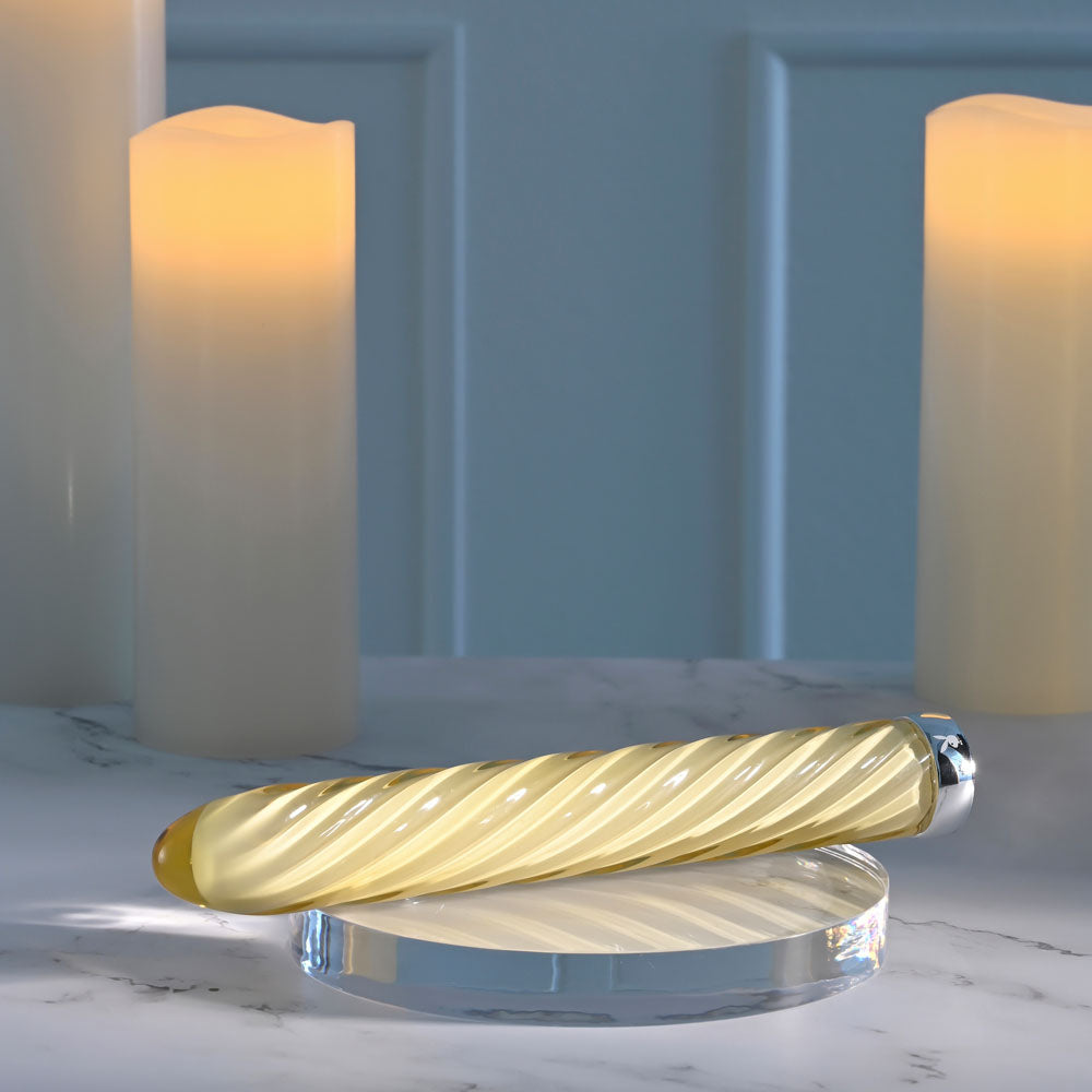 Playboy Pleasure TWIST OF FATE - Yellow Glass 17.5 cm USB Rechargeable Vibrator - Hush Store Sydney 
