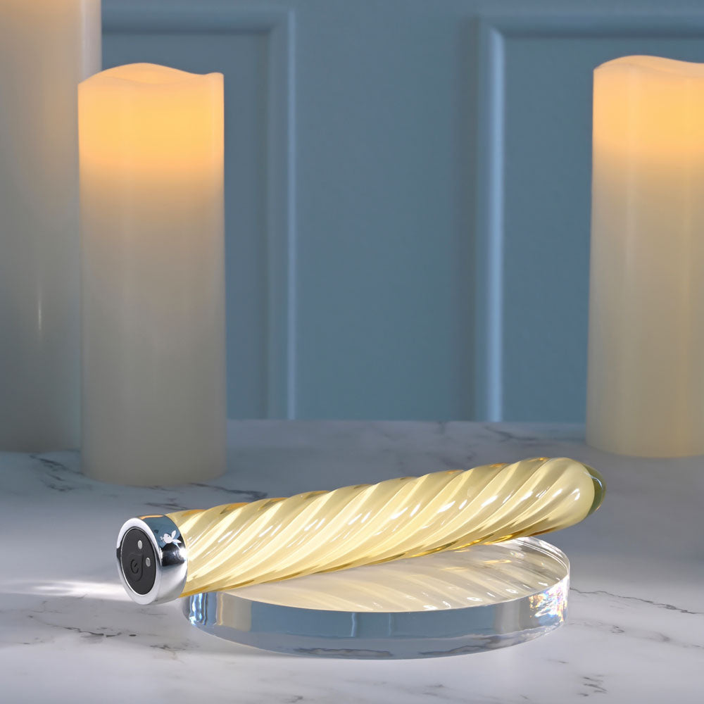 Playboy Pleasure TWIST OF FATE - Yellow Glass 17.5 cm USB Rechargeable Vibrator - Hush Store Sydney 