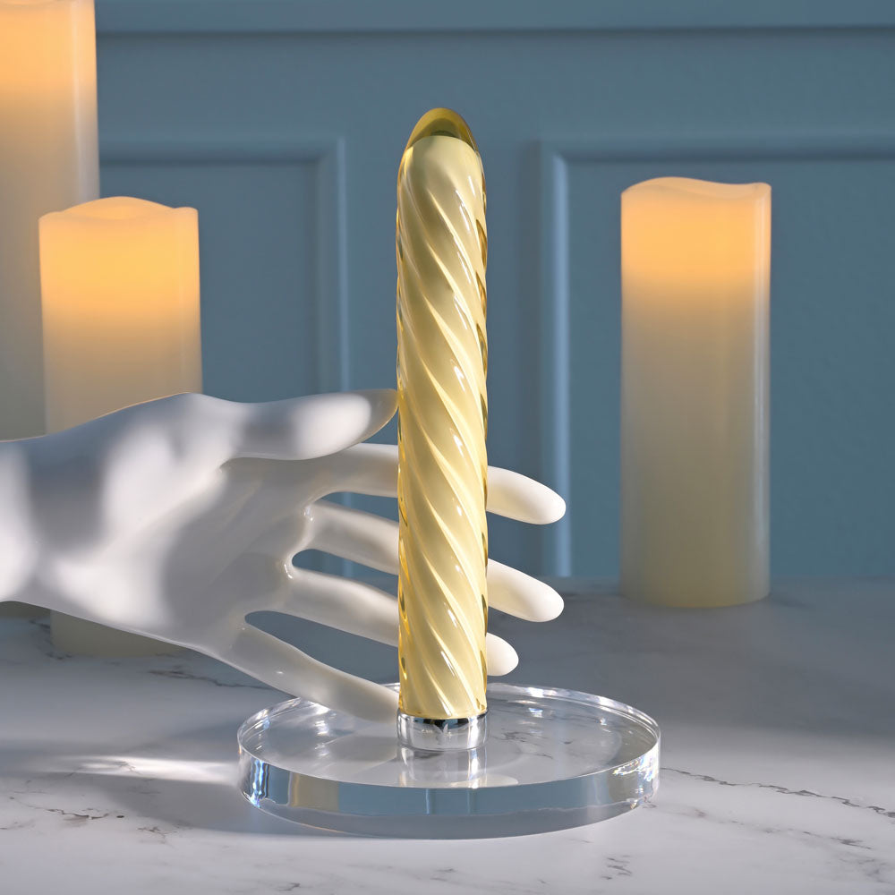 Playboy Pleasure TWIST OF FATE - Yellow Glass 17.5 cm USB Rechargeable Vibrator - Hush Store Sydney 