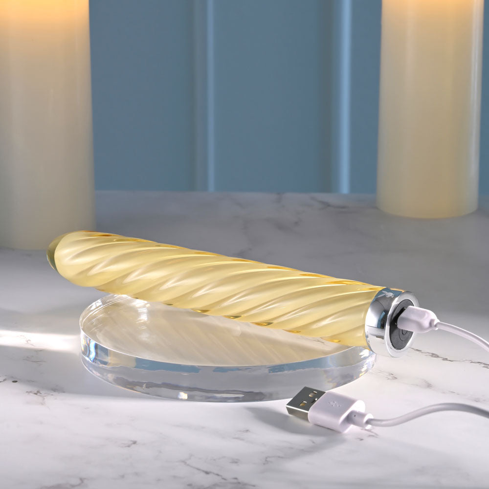 Playboy Pleasure TWIST OF FATE - Yellow Glass 17.5 cm USB Rechargeable Vibrator - Hush Store Sydney 