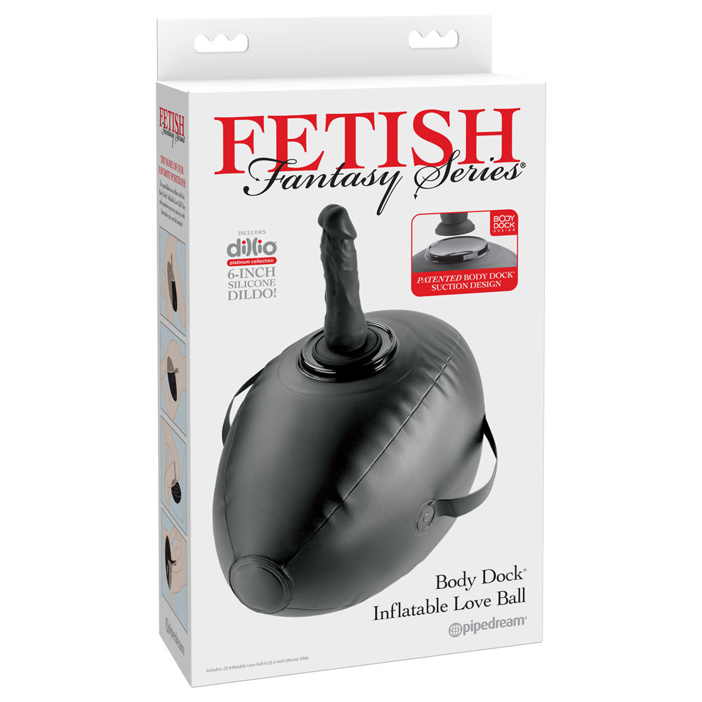 Fetish Fantasy Series Body Dock Inflatable Love Ball - Black Inflatable Cushion with Black 15.2 cm Dildo - Hush Store Sydney 