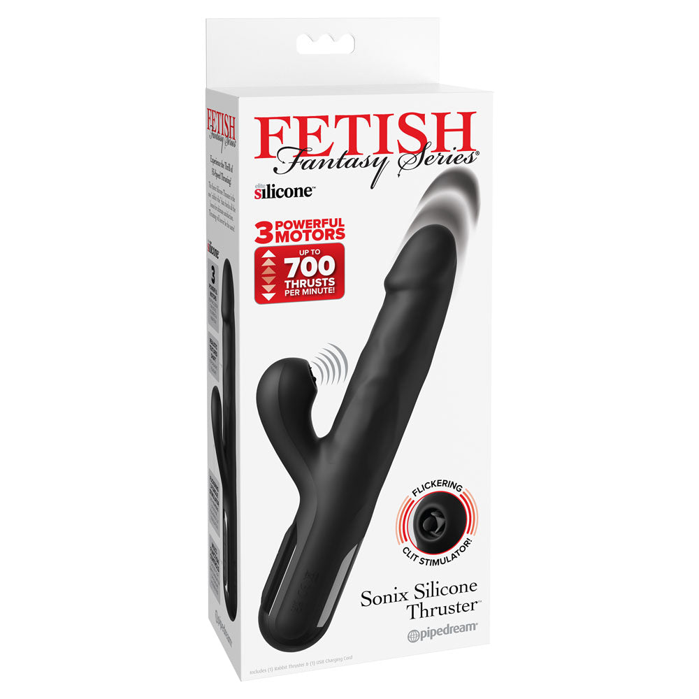 FFS Sonix Silicone Thruster - Black 22 cm USB Rechargeable Thrusting Vibrator with Flicking Clit Stim - Hush Store Sydney 