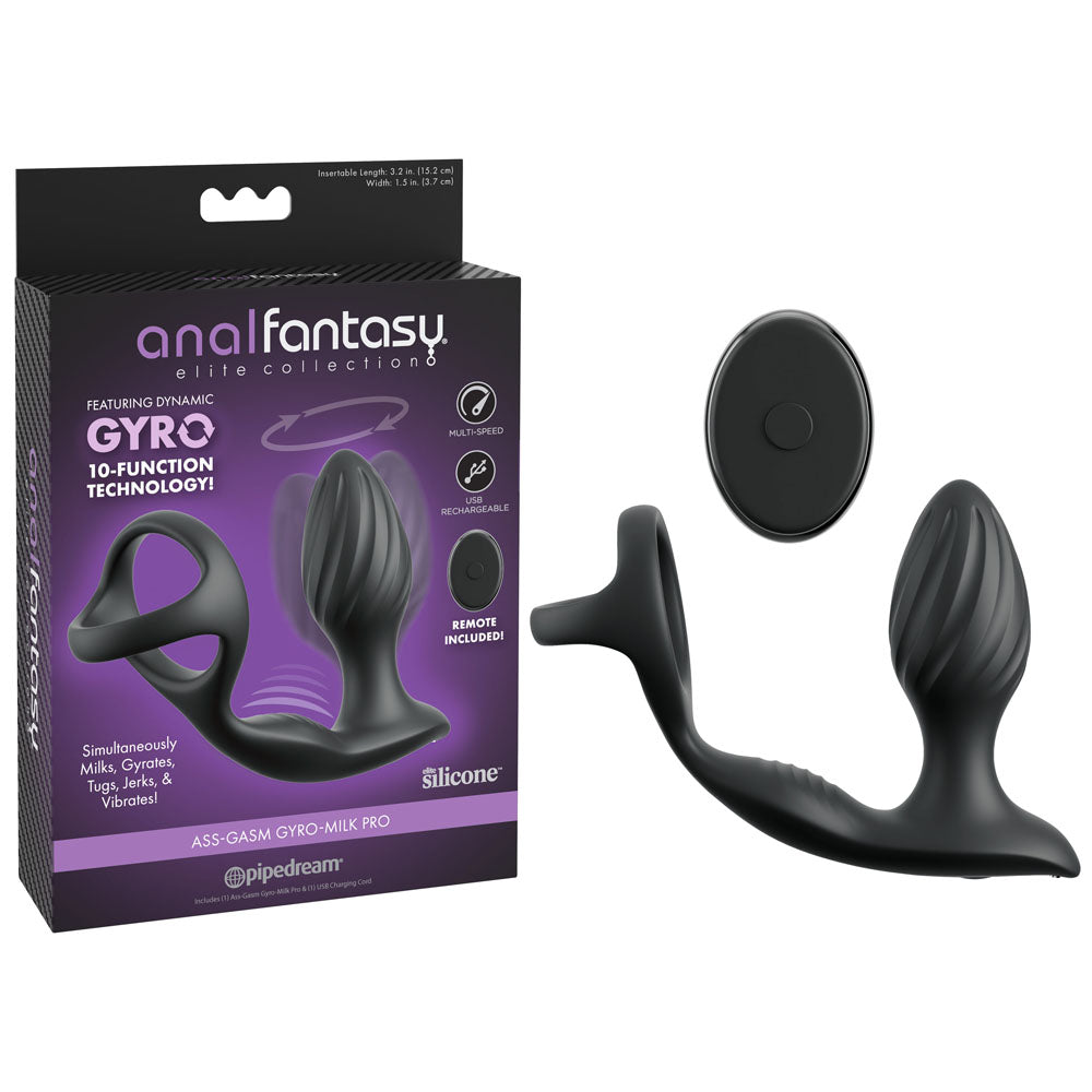 Anal Fantasy Elite Ass-Gasm Gyro-Milk Pro - Black USB Rechargeable Gyrating Butt Plug with Cock Ring - Hush Store Sydney 