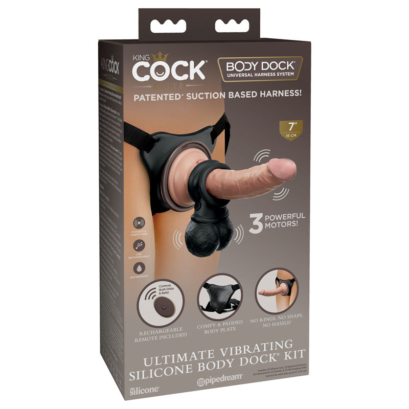 King Cock Elite Ultimate Vibrating Silicone Body Dock Kit - Body Dock Strap-On Harness with 17.8 cm Vibrating Dong & Vibrating Balls - Hush Store Sydney 