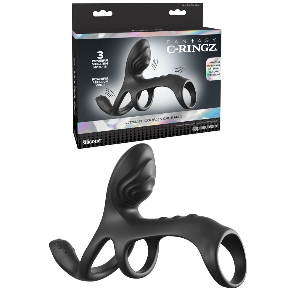 Fantasy C-Ringz Ultimate Couples Cage Max - Black USB Rechargeable Vibrating Cock Ring Cage - Hush Store Sydney 