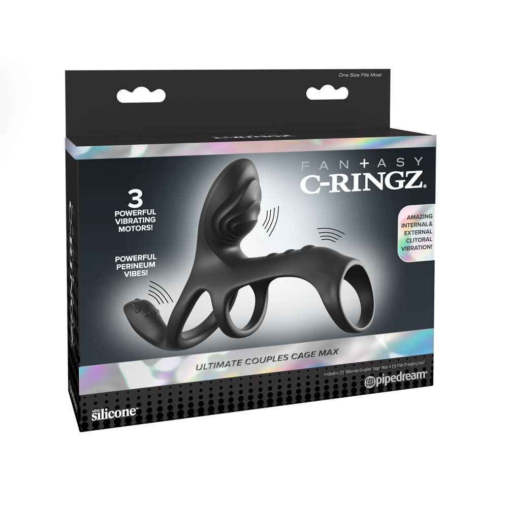 Fantasy C-Ringz Ultimate Couples Cage Max - Black USB Rechargeable Vibrating Cock Ring Cage - Hush Store Sydney 