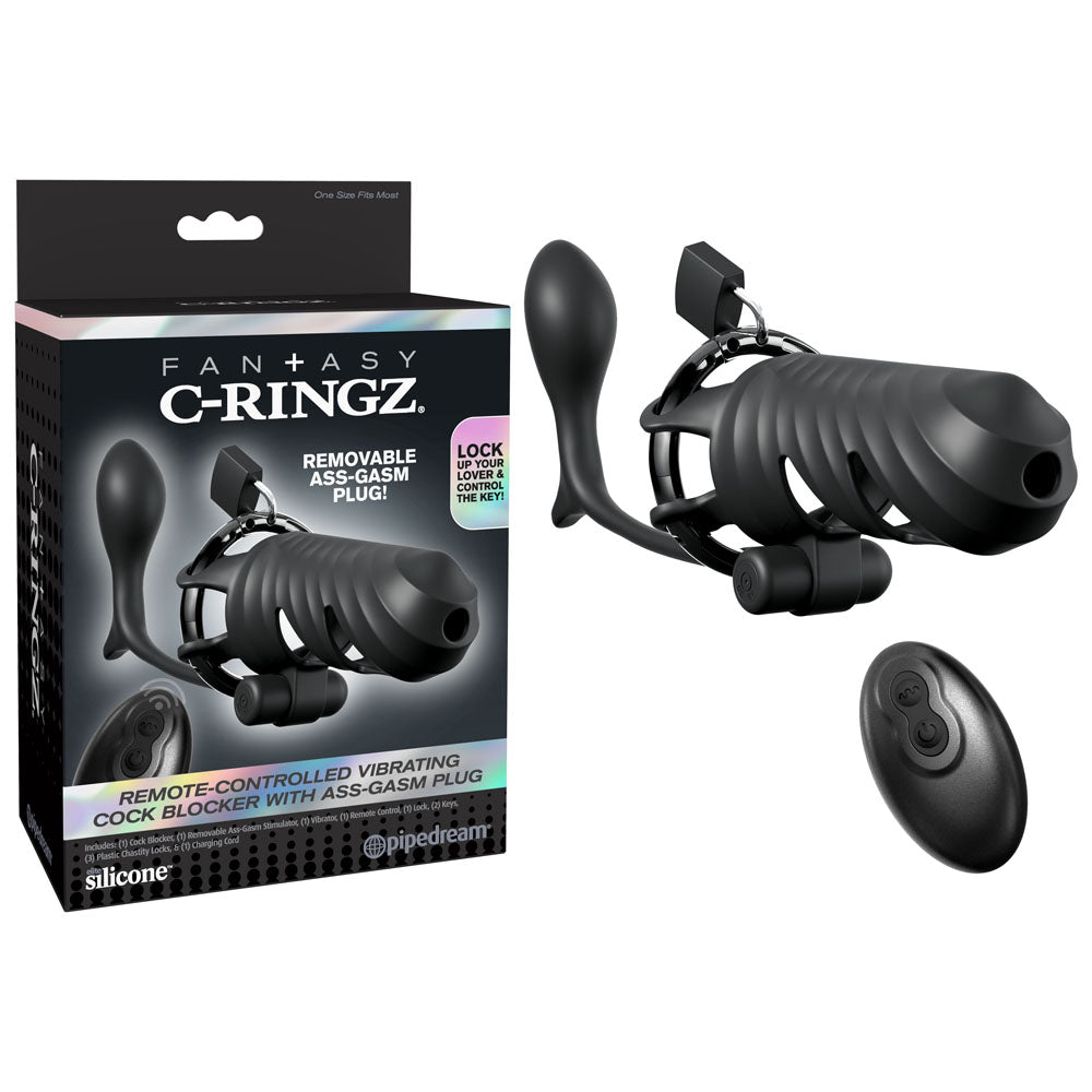 Fantasy C-Ringz Remote-Controlled Vibrating Cock Blocker with Ass-Gasm Plug - Black Vibrating Cock Cage with Anal Plug - Hush Store Sydney 