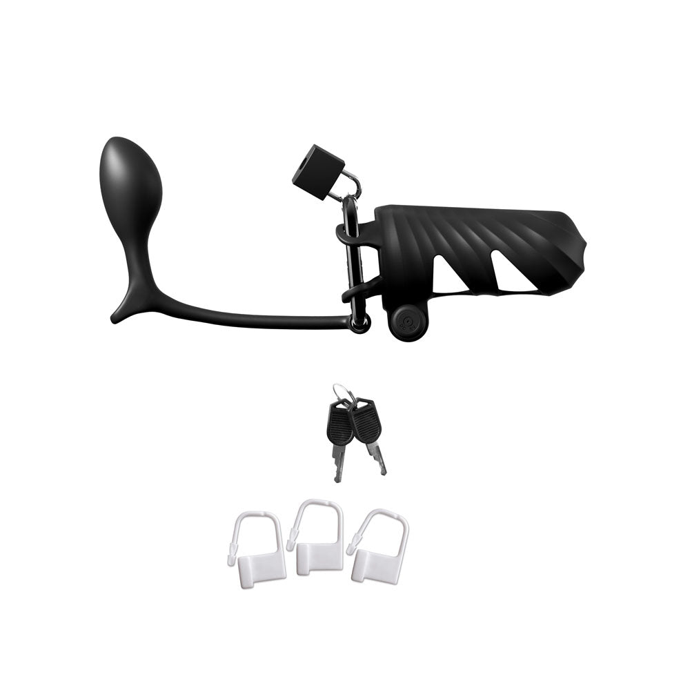 Fantasy C-Ringz Remote-Controlled Vibrating Cock Blocker with Ass-Gasm Plug - Black Vibrating Cock Cage with Anal Plug - Hush Store Sydney 